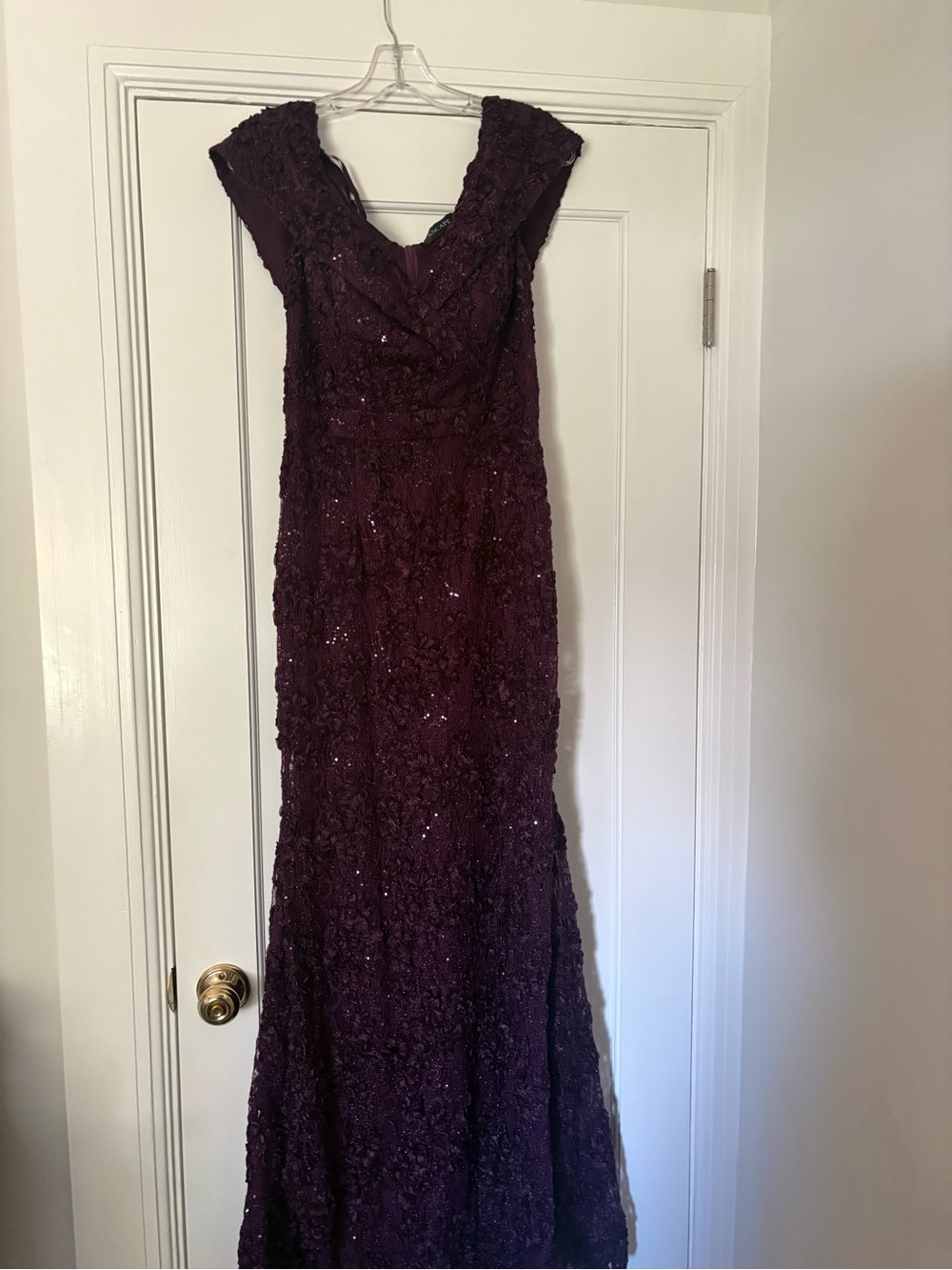 Xscape Plum Lace Sequin Maxi Evening Dress